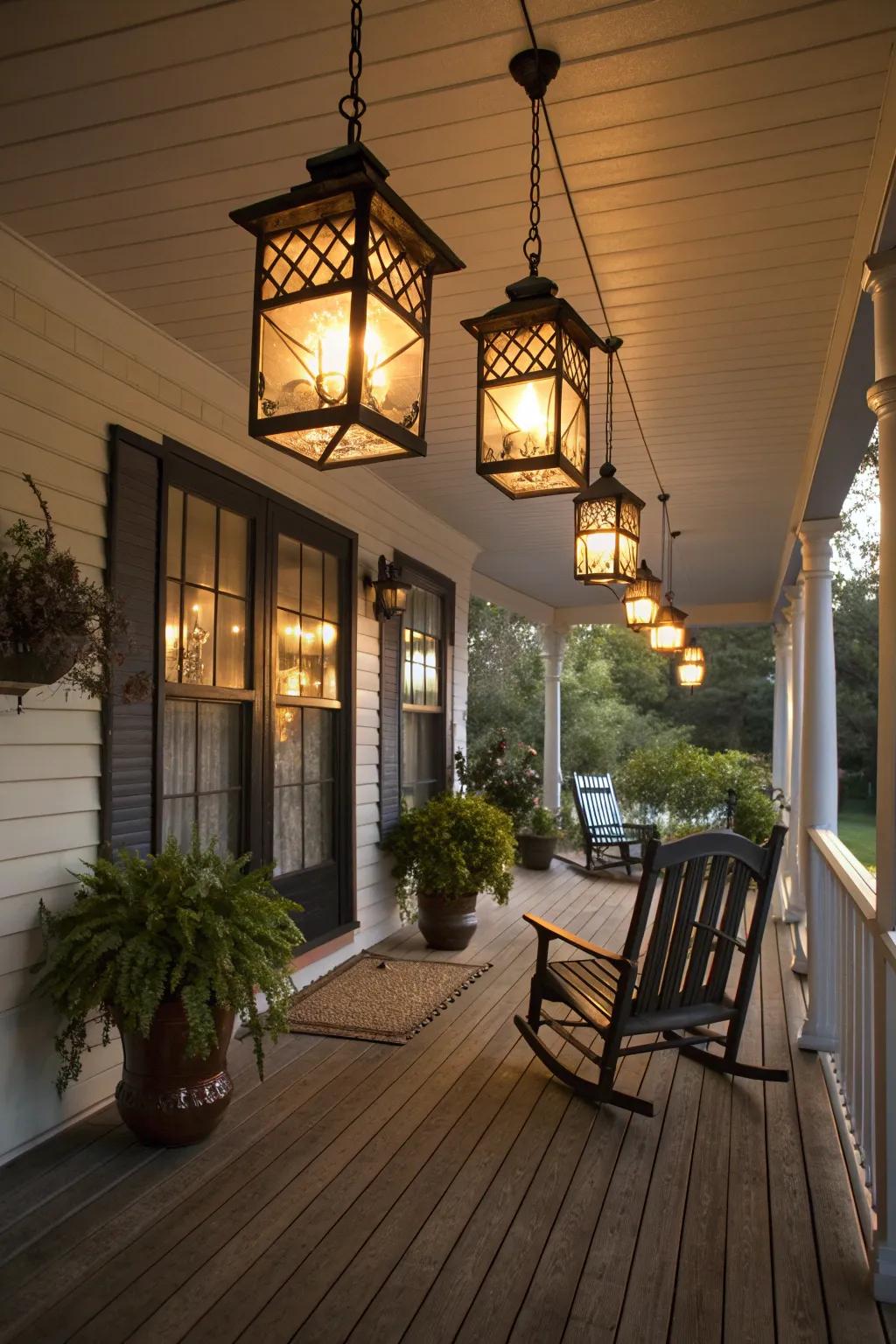 Lanterns casting a warm glow on a small porch.