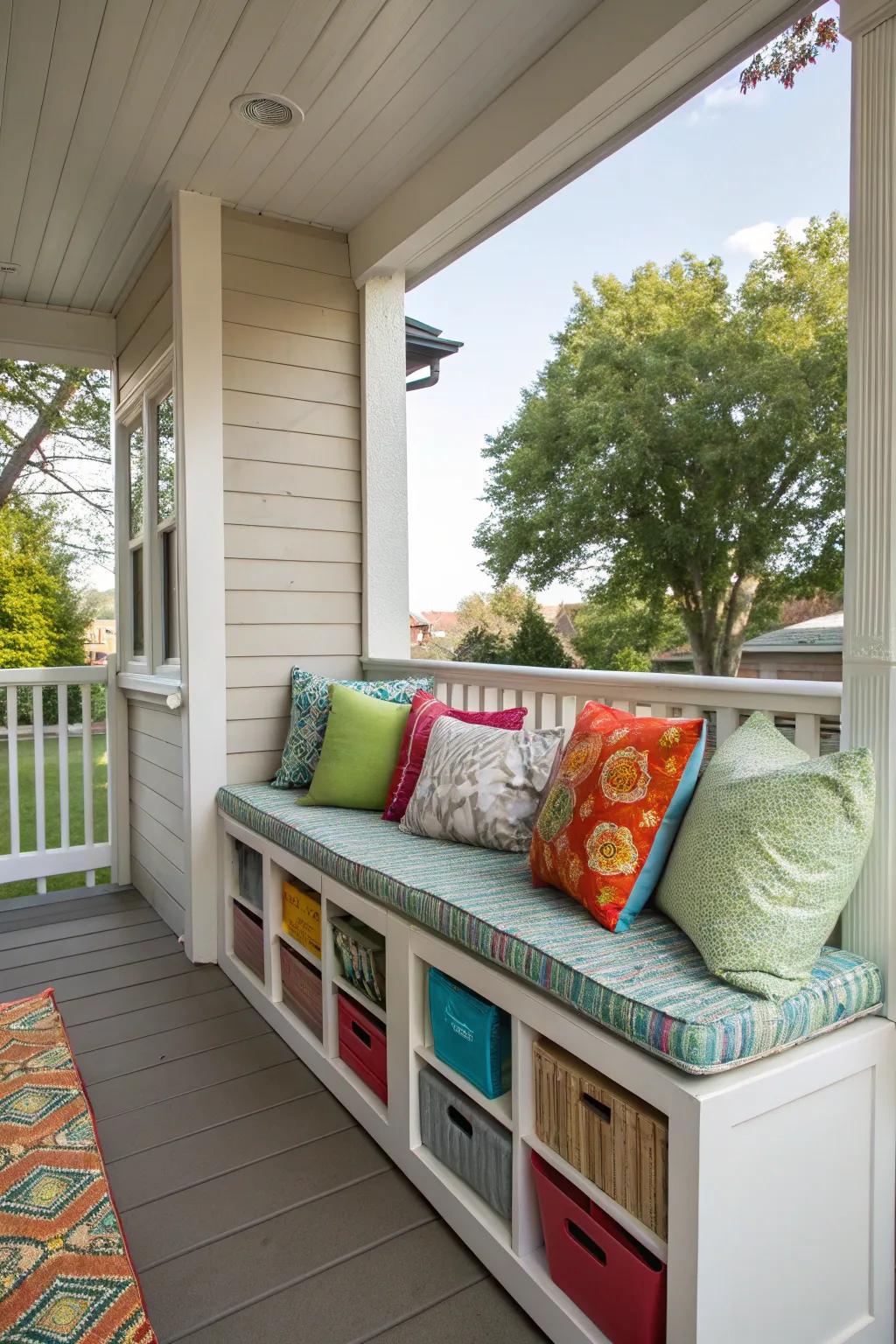 A built-in bench with storage, perfect for small porches.