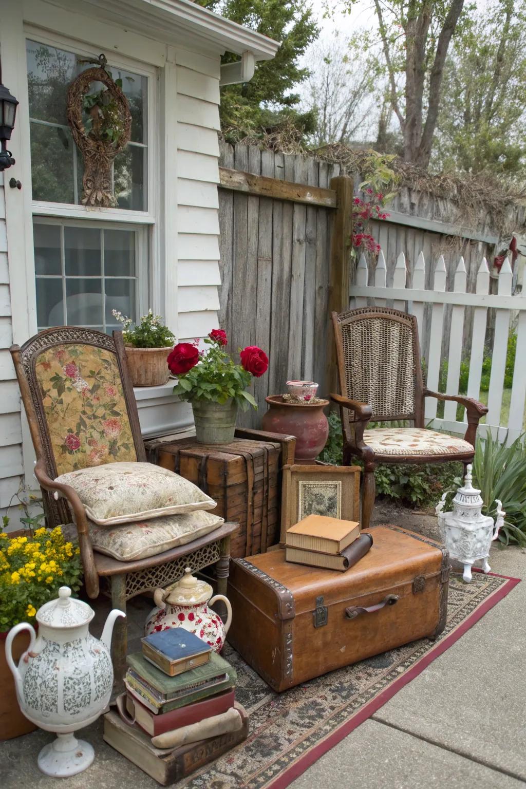 Repurposed vintage finds adding a unique touch to a small porch.