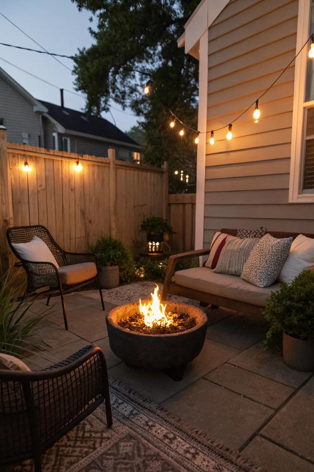 A portable fire pit creating a warm atmosphere on a small porch.