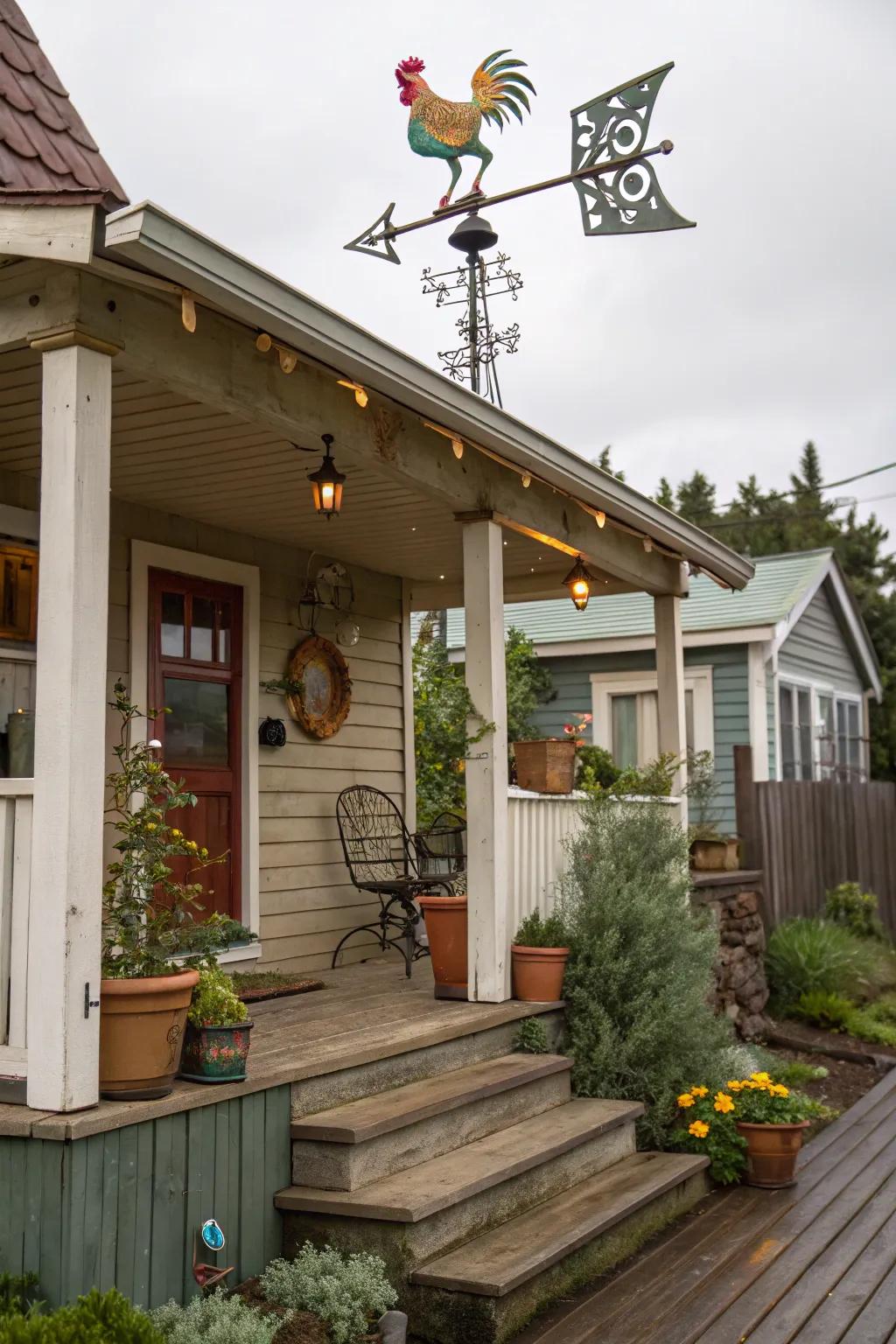 A whimsical weather vane adding character to a small porch.