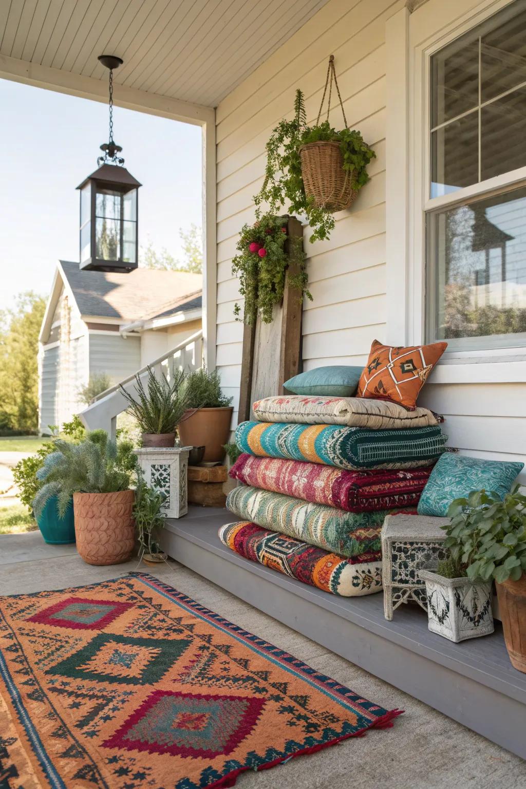 Layered rugs adding warmth and style to a small porch.