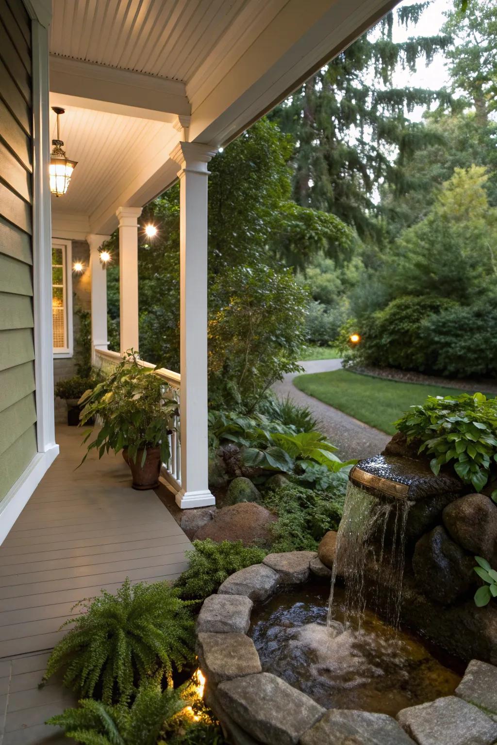 A miniature water feature bringing tranquility to a small porch.