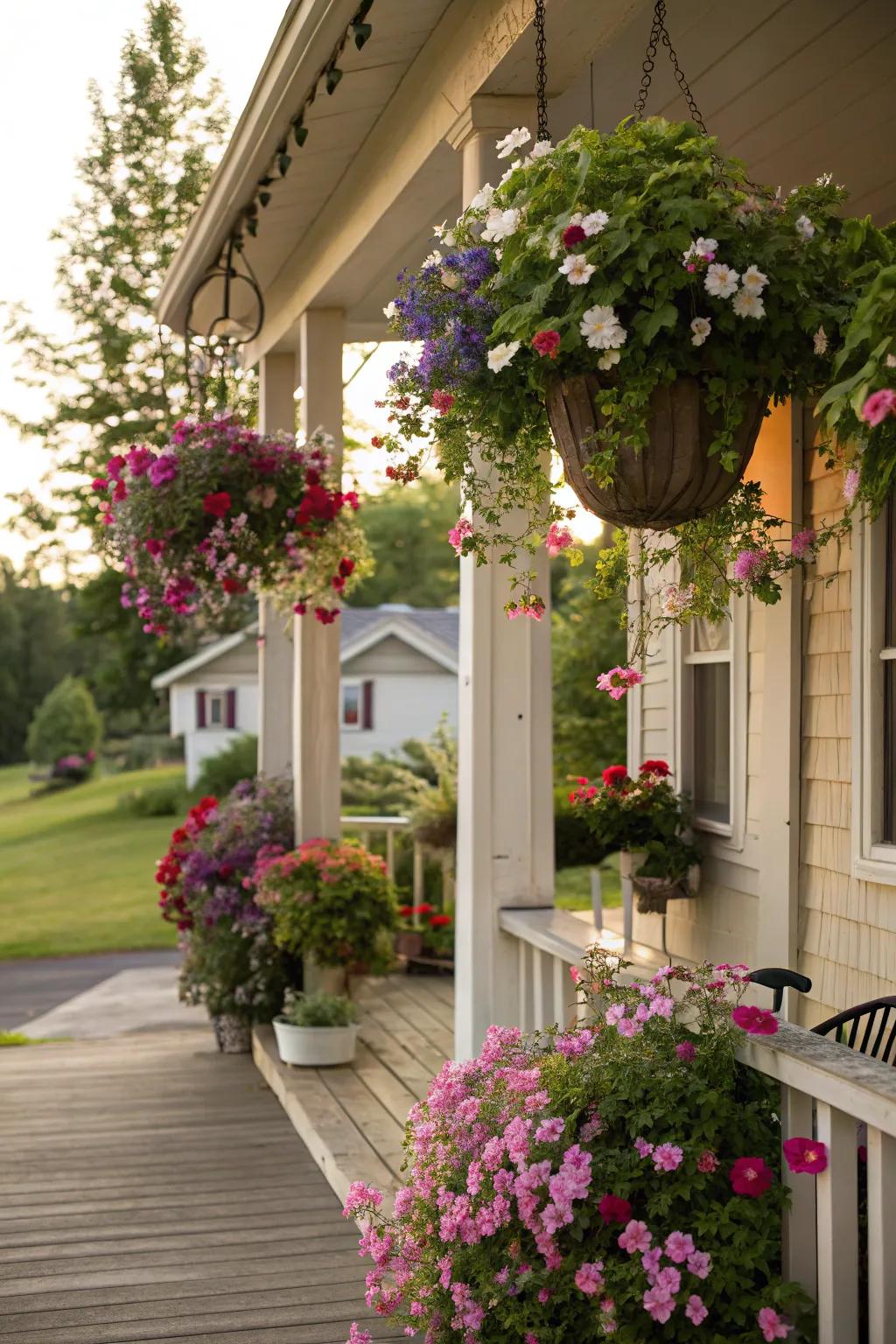 Hanging planters bringing life to a small porch.