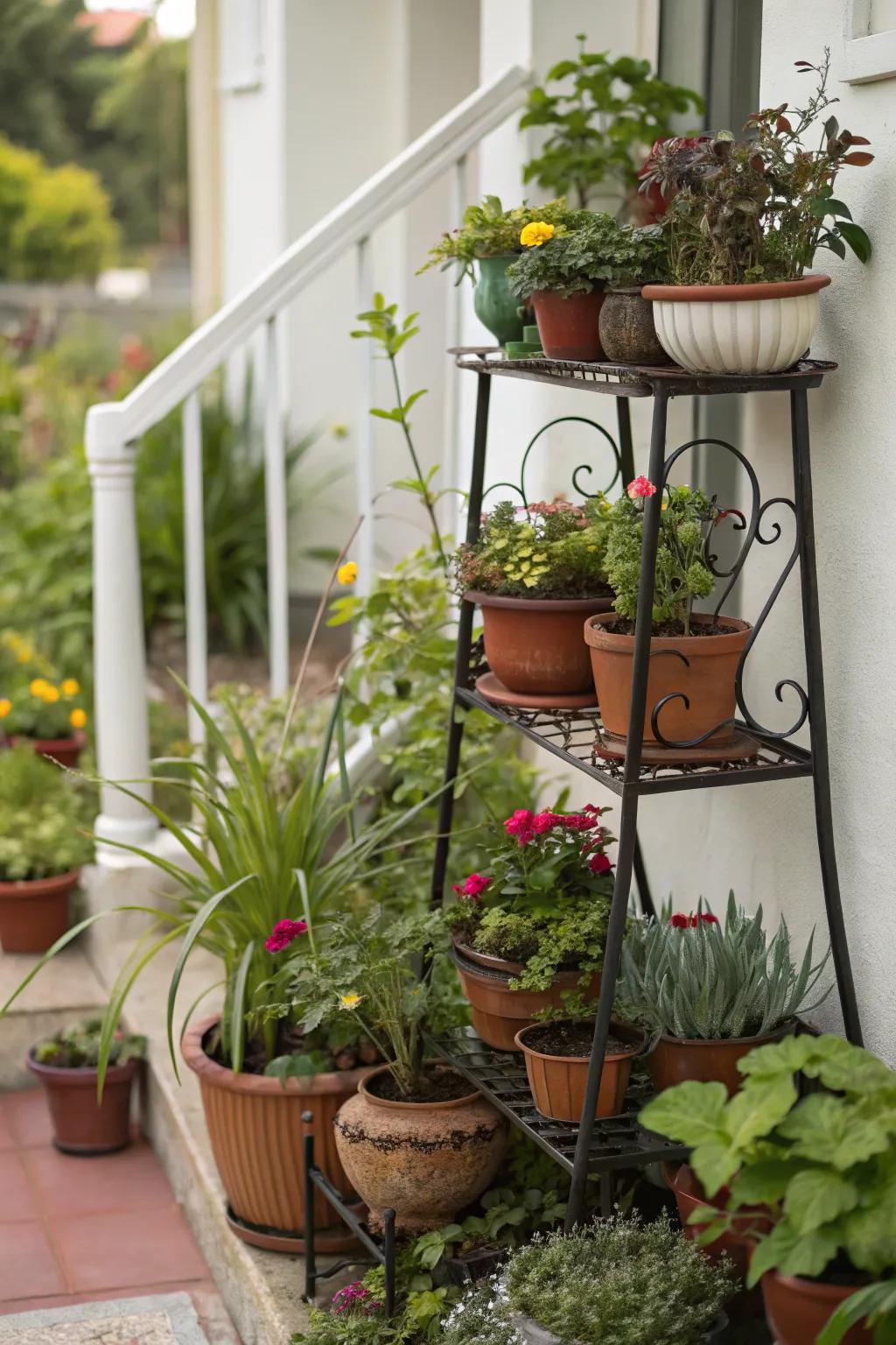 Multi-level plant stands bringing greenery to a small porch.