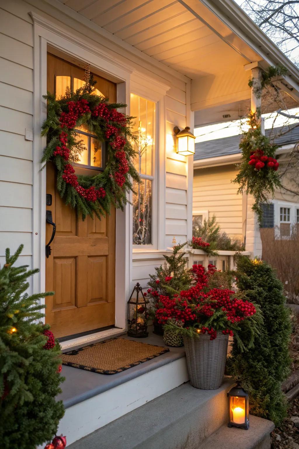 A seasonal wreath adding a festive touch to a small porch.