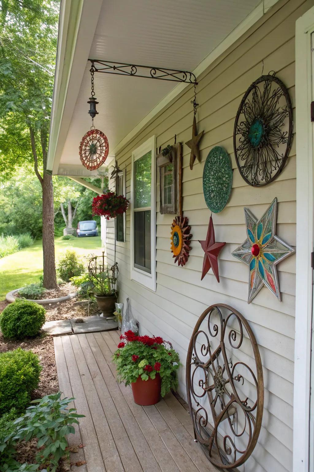 Outdoor art pieces adding character to a small porch.