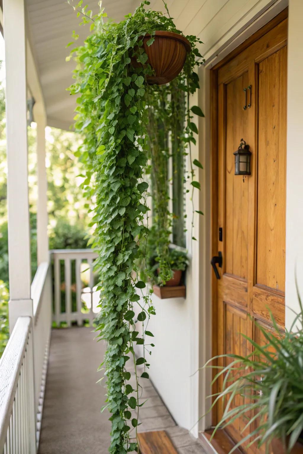 A vibrant vertical plant wall adding greenery to a small porch.