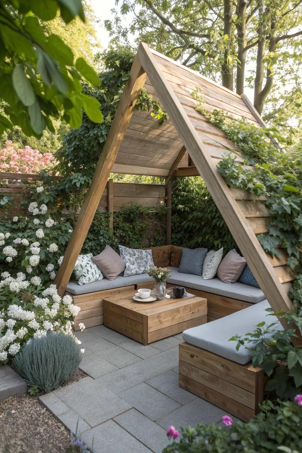 Triangle pergola featuring cozy, built-in seating for outdoor relaxation.