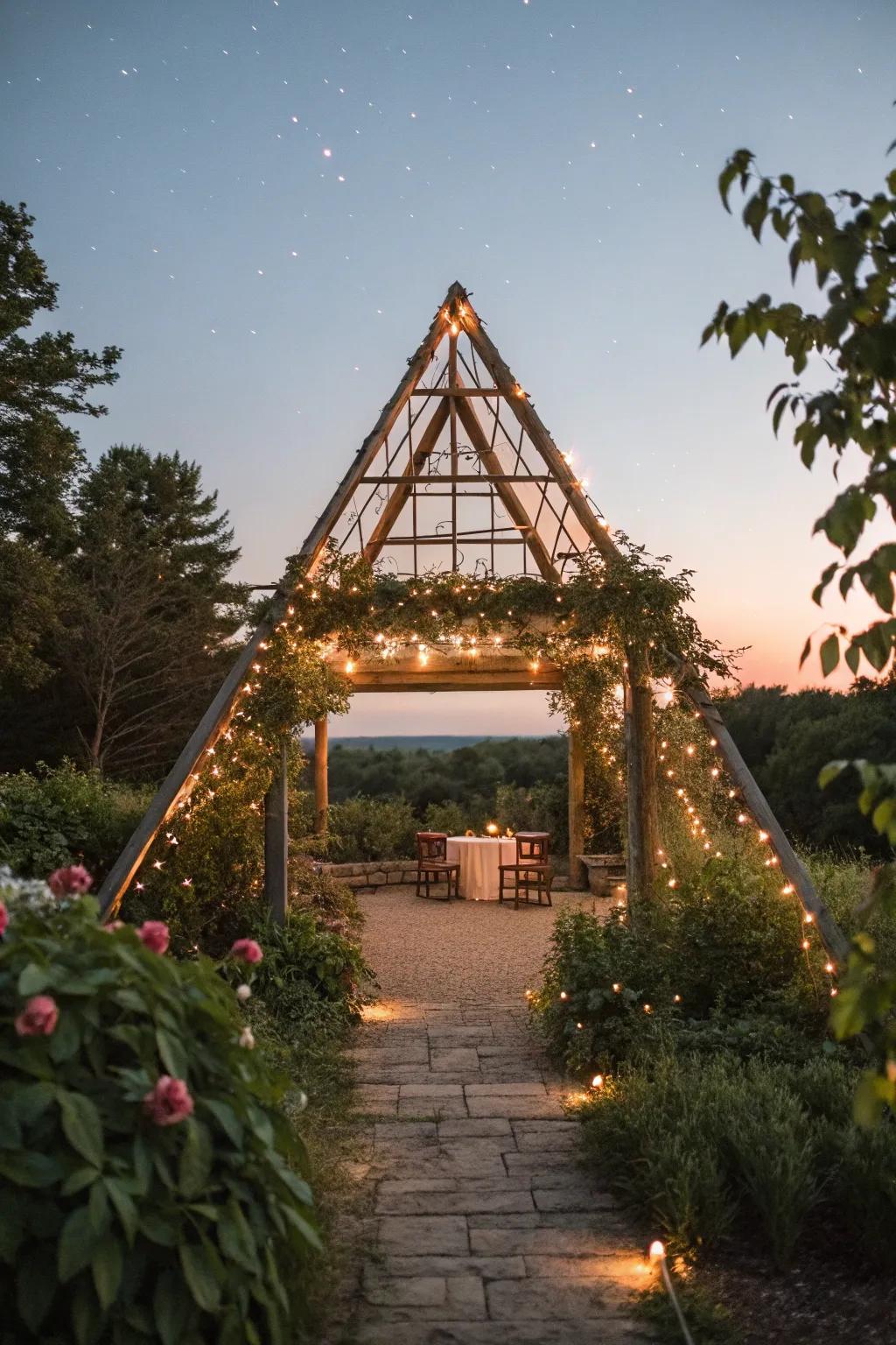 Triangular pergola decked with glowing string lights creating a magical setting.
