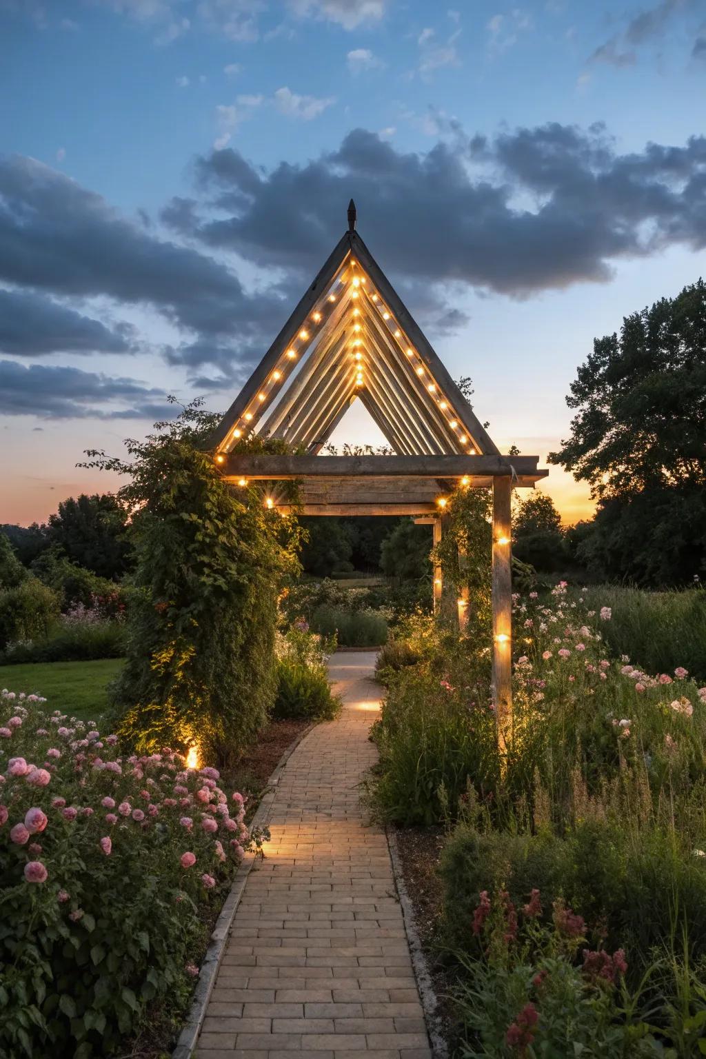 Eco-conscious solar lanterns glowing beneath a triangle pergola at twilight.
