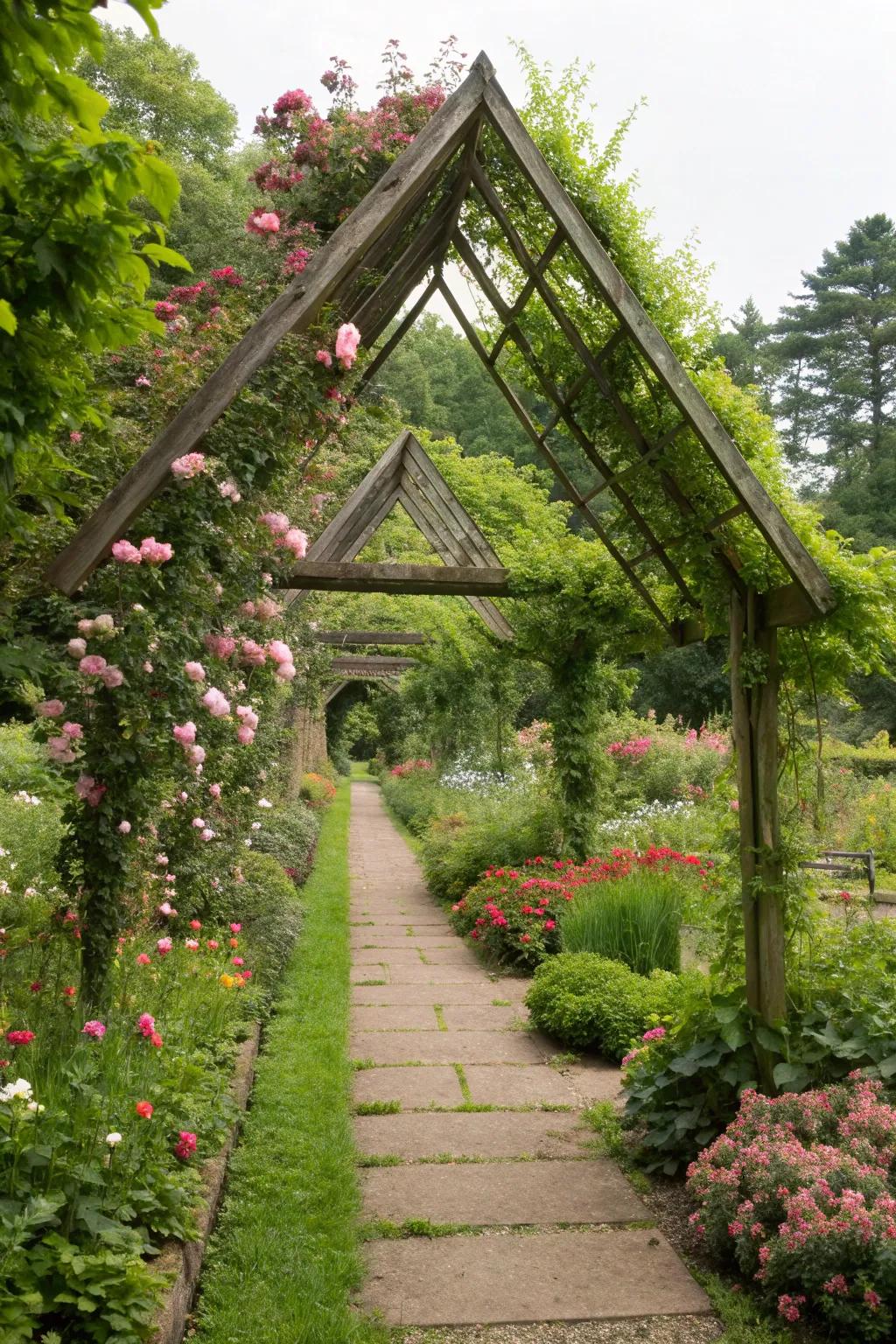 Triangle pergola thoughtfully surrounded by native greenery and flowering plants.
