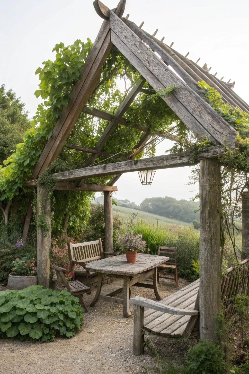 Rustic triangle pergola crafted from reclaimed wood adding character and charm.