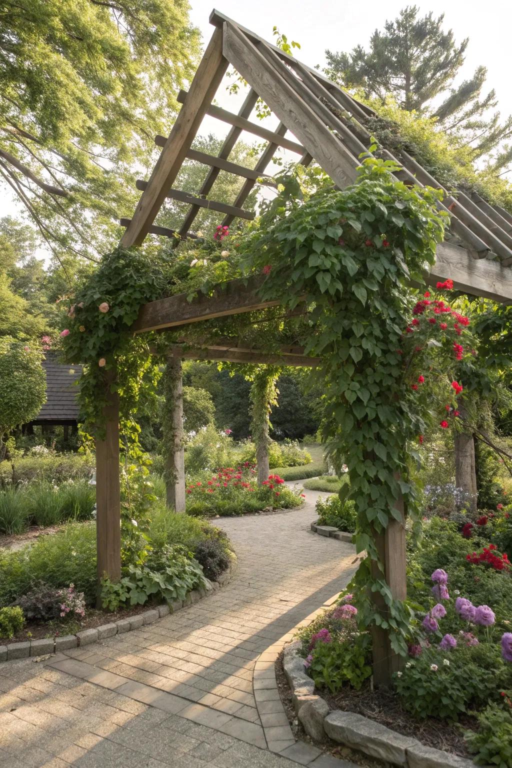Triangle pergola adorned by a trellis supporting beautiful climbing plants.