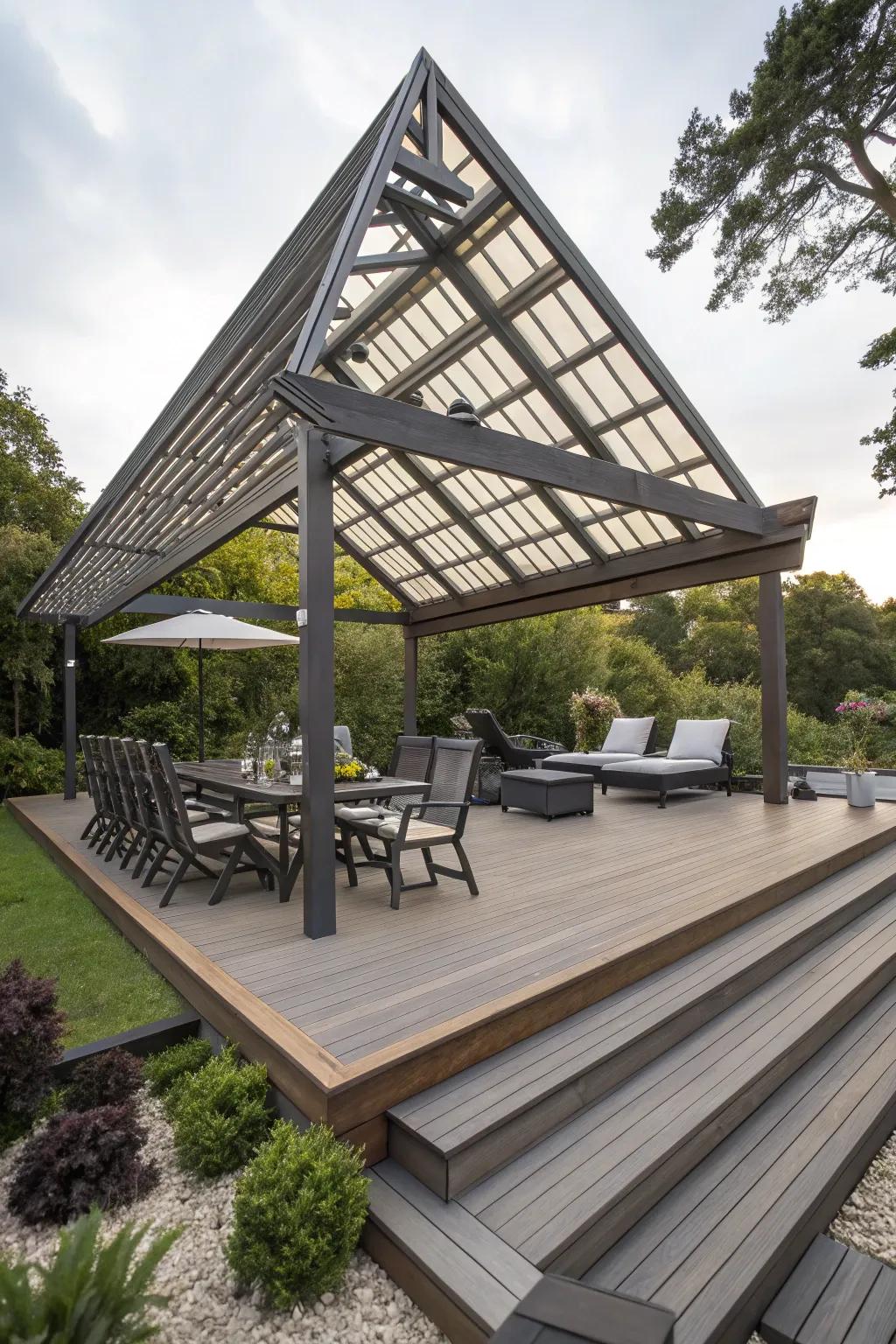 Triangle pergola complemented by stylish multi-tier decking in an outdoor living space.