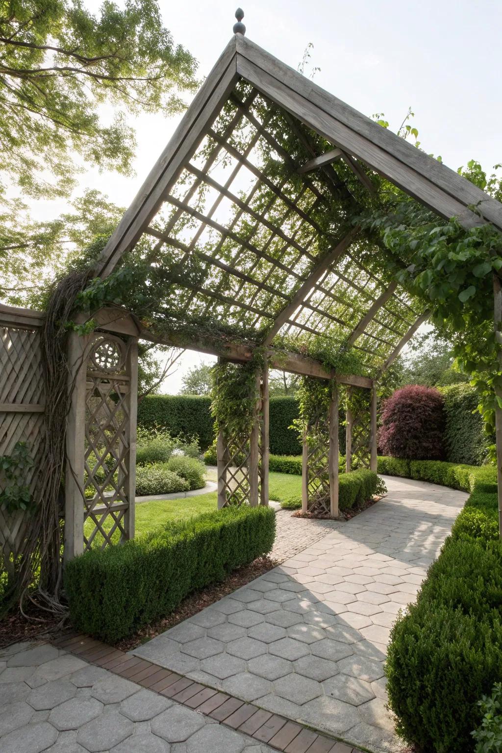 Triangle pergola transformed into a private retreat by stylish privacy screens.