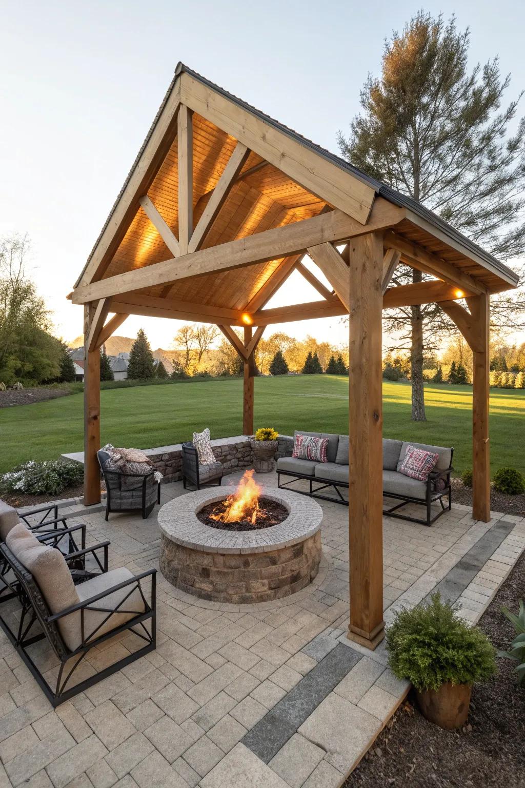 Warm and inviting fire pit situated under a triangle pergola, perfect for chilly evenings.