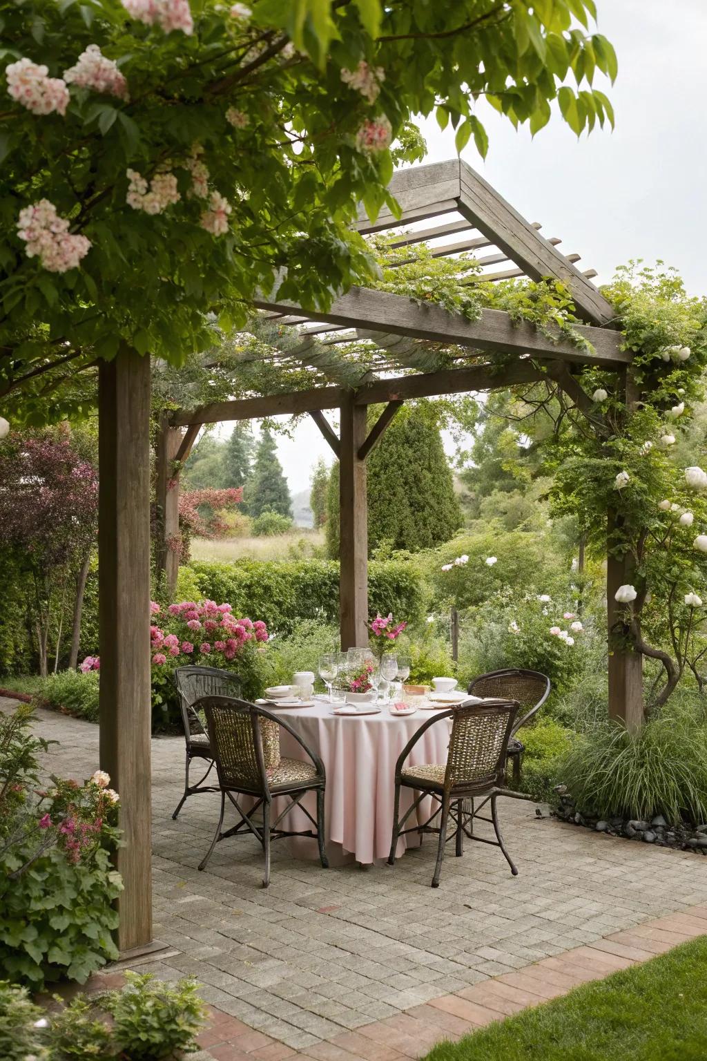 Triangle pergola providing a perfect backdrop for enjoyable outdoor meals.