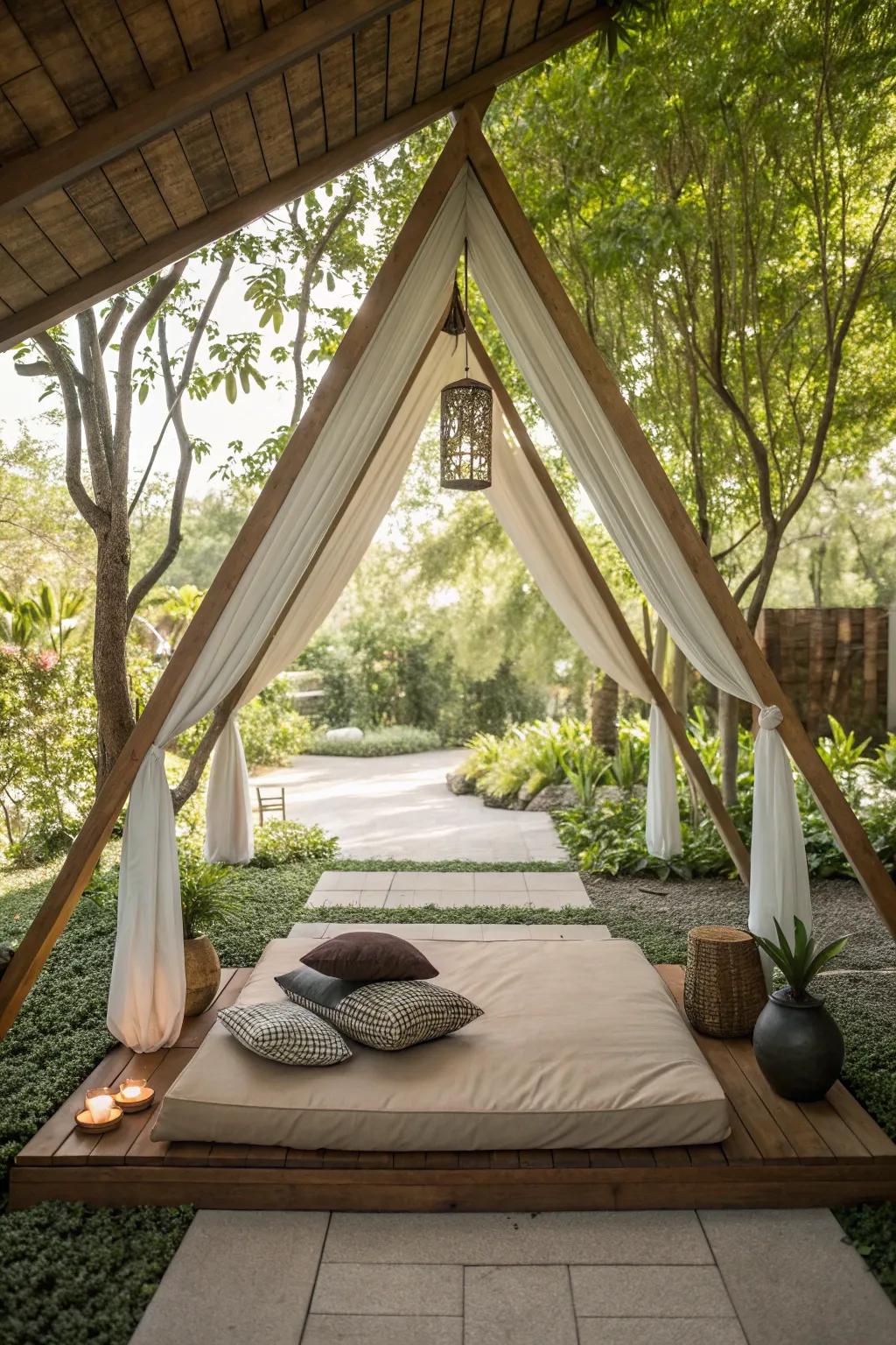 Peaceful Zen meditation area under a calming triangular pergola.