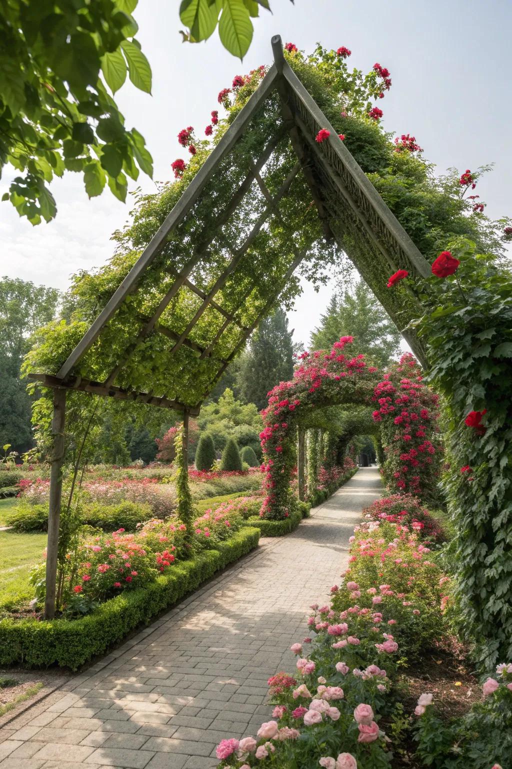Romantic triangle pergola draped with flourishing vines, creating a private garden nook.