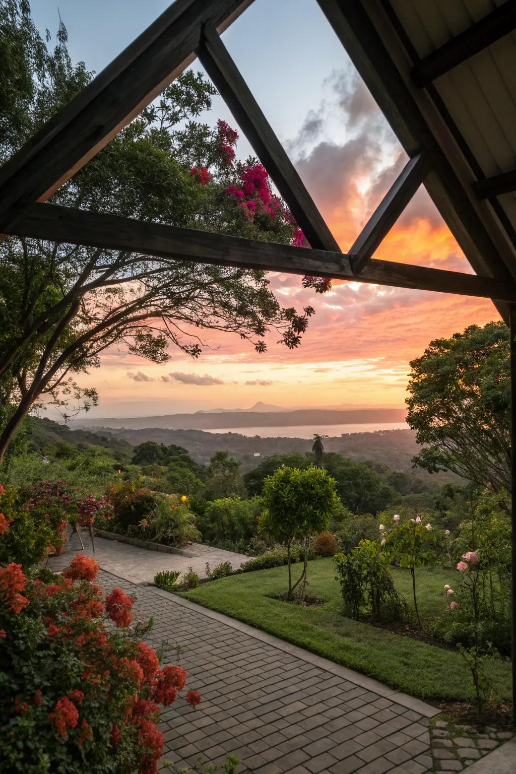 Triangle pergola strategically placed to highlight a scenic backyard vista.