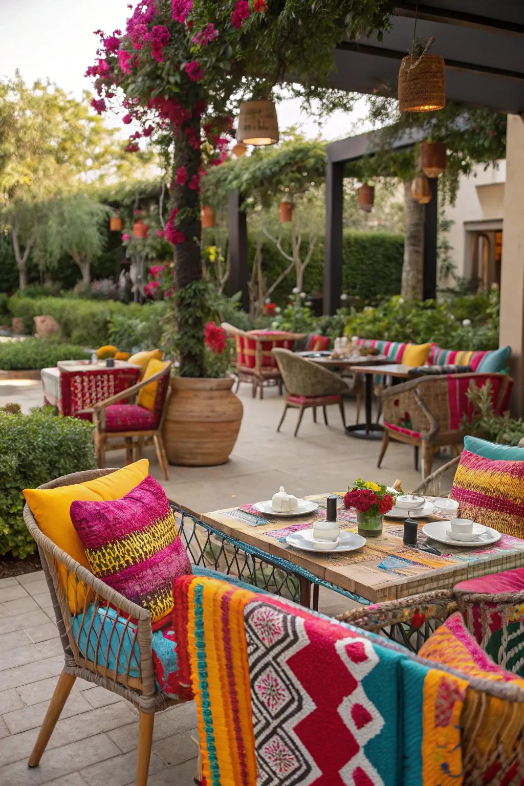 Colorful textiles bring life and comfort to outdoor dining.