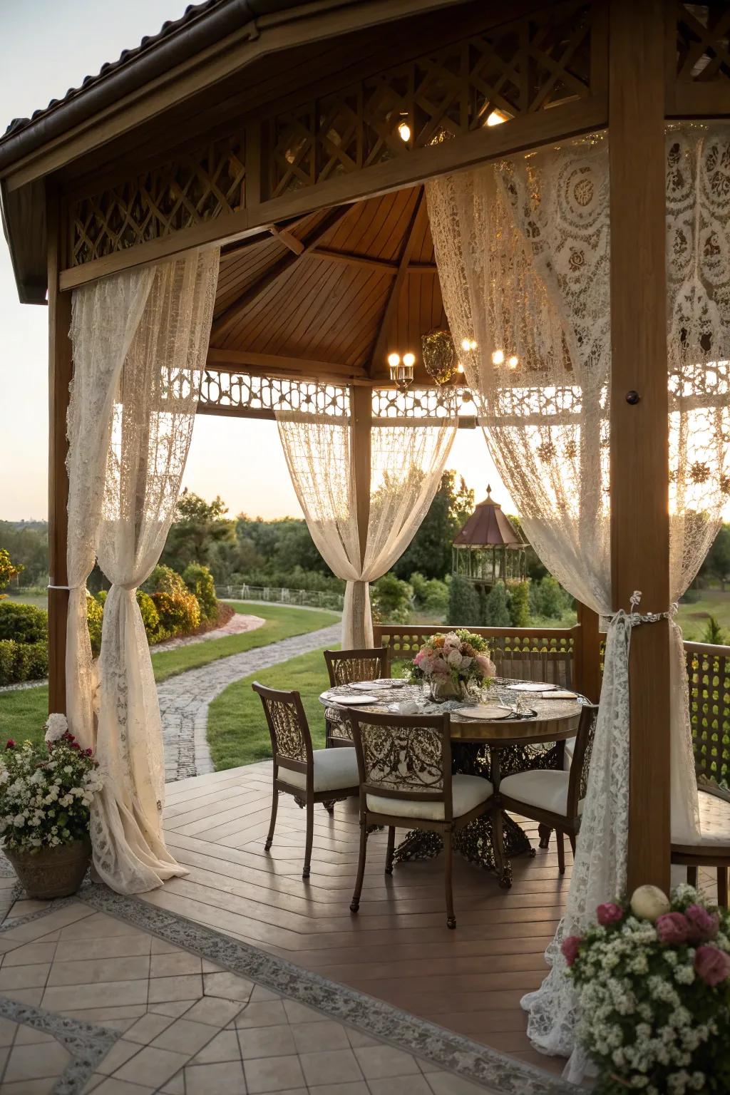 A gazebo adds structure and elegance to outdoor dining.