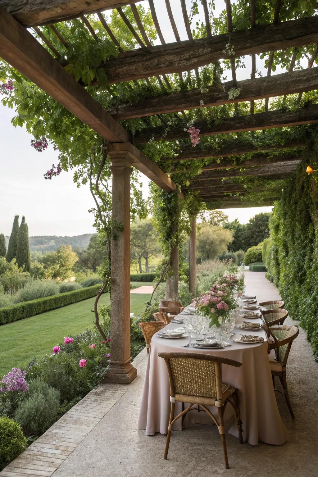 A pergola covered in greenery enhances the outdoor dining ambiance.