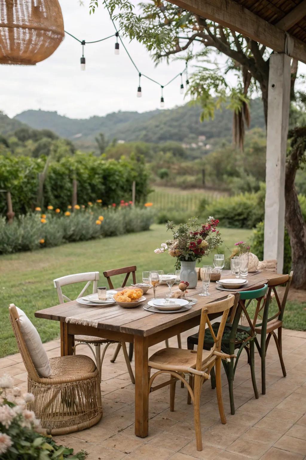 Rustic elements bring a farmhouse charm to outdoor dining.
