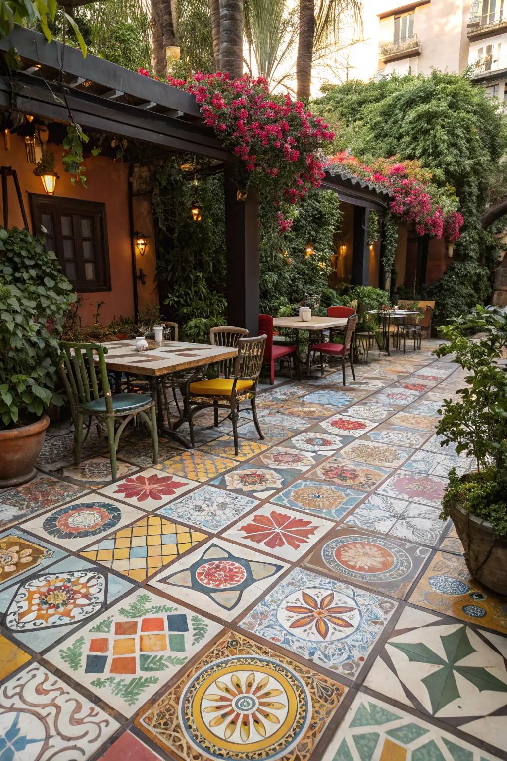 Mosaic tiles add a unique and colorful touch to the floor.