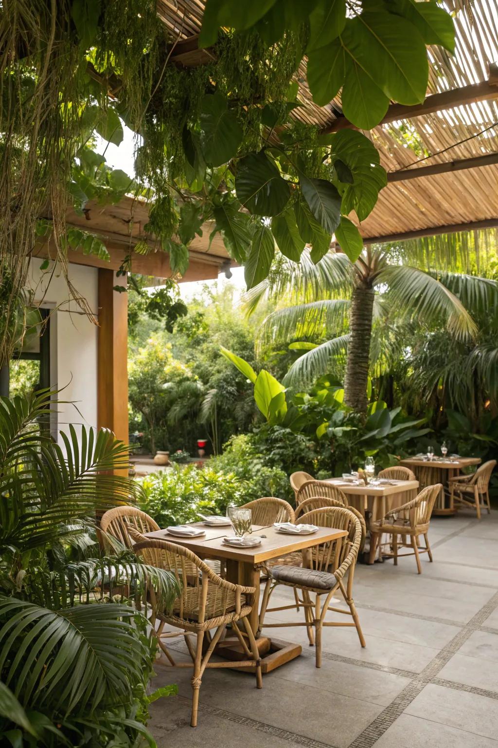 Bamboo elements create a tropical dining experience.