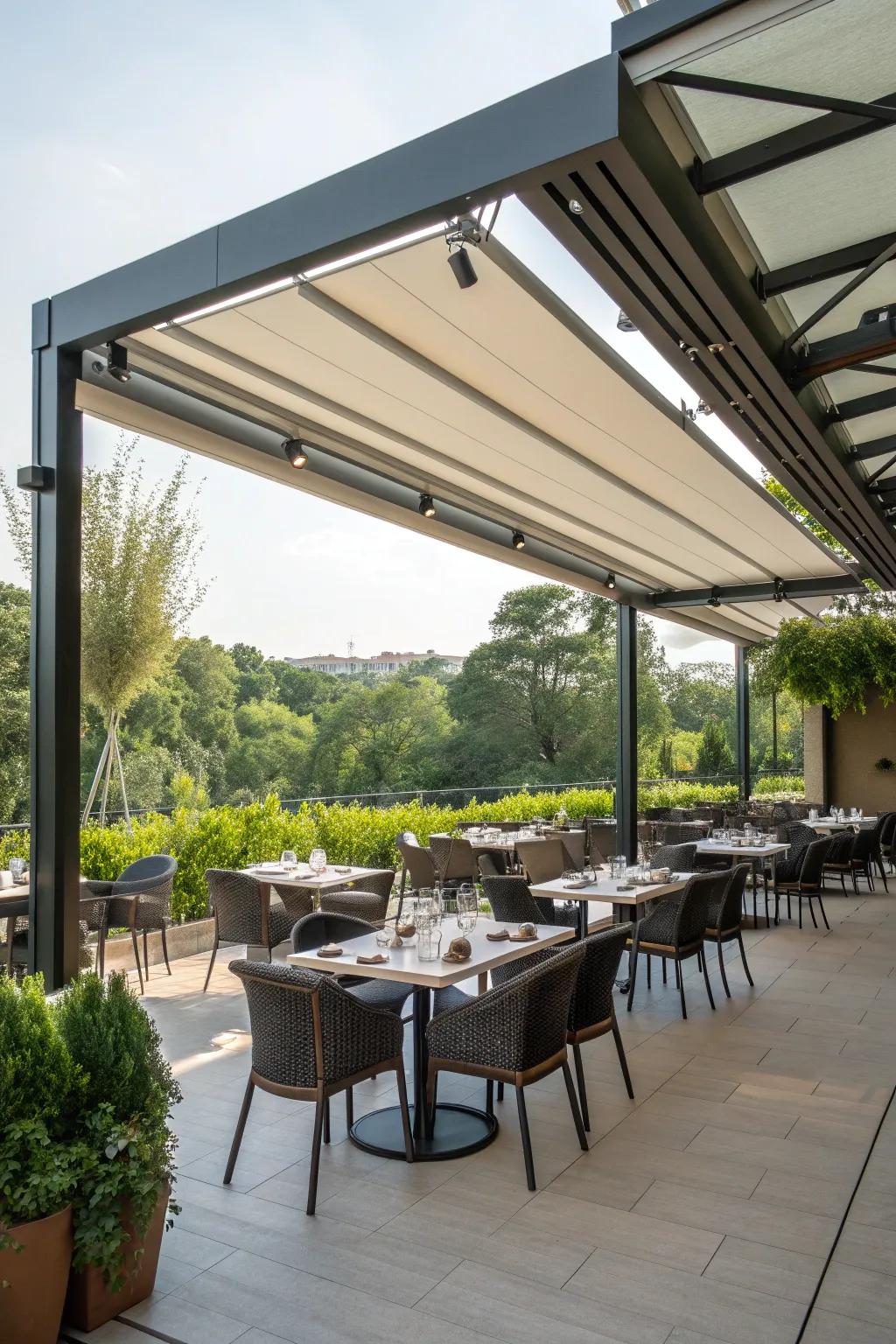 A retractable canopy offers both sun and shade options.