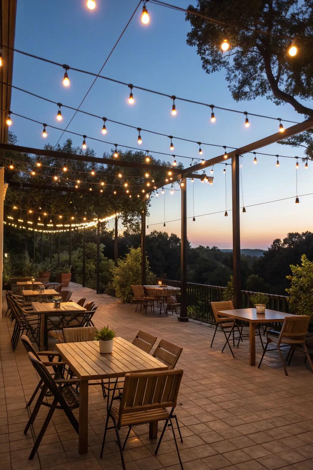 String lights create a cozy and inviting atmosphere.