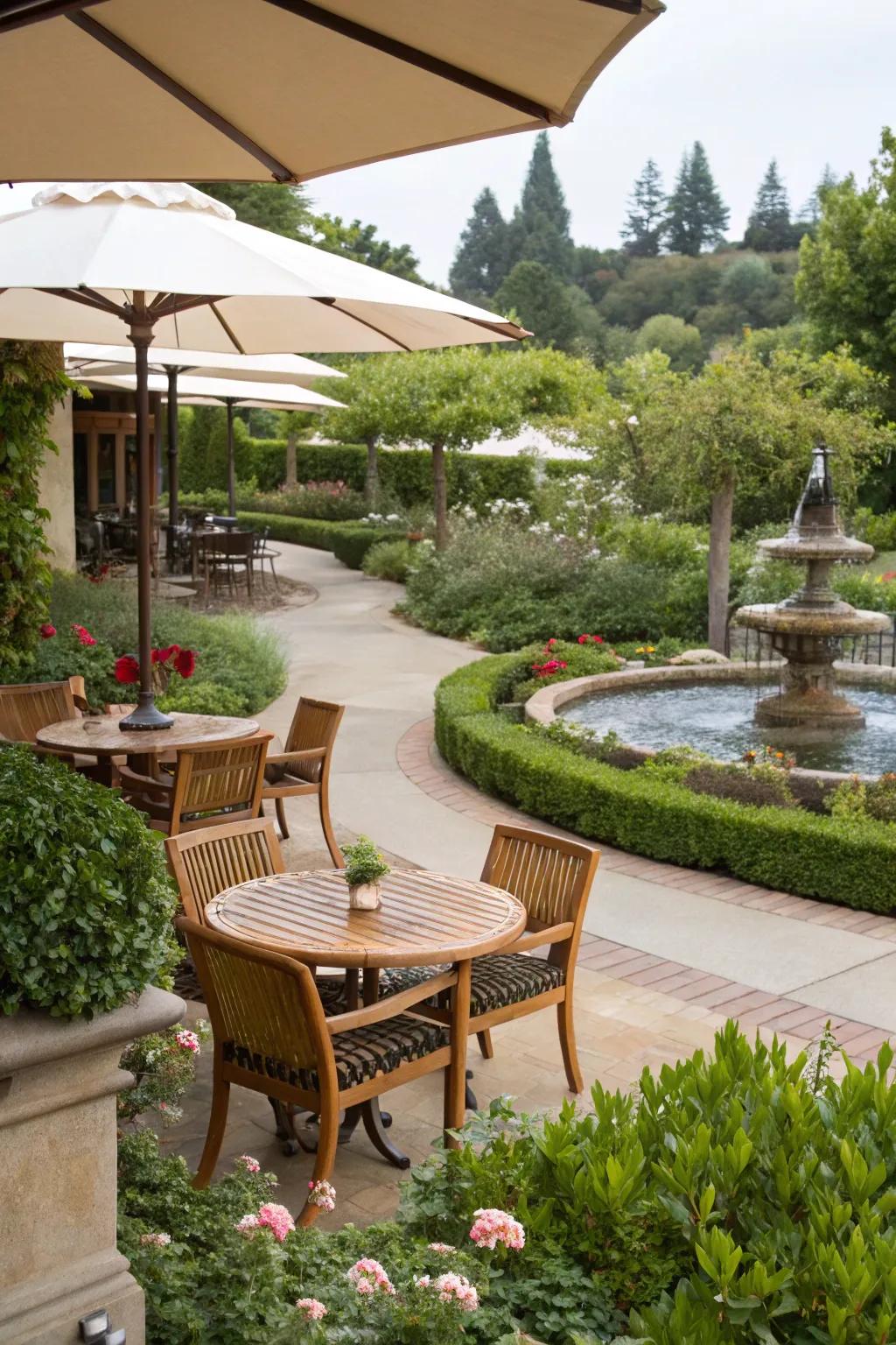 Water elements provide a calming and soothing atmosphere.