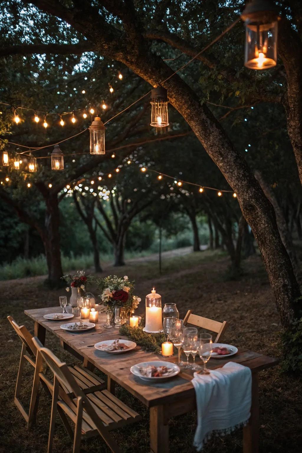 Layered lighting creates a warm and inviting atmosphere.