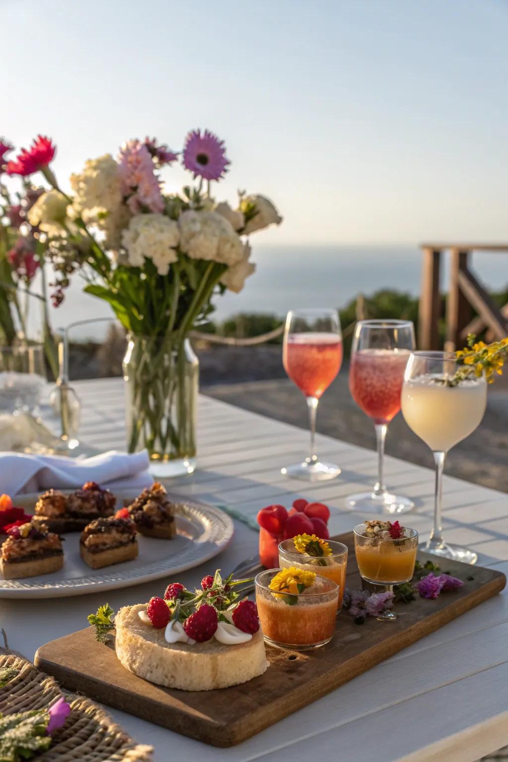 A visually appealing presentation of food and drinks.