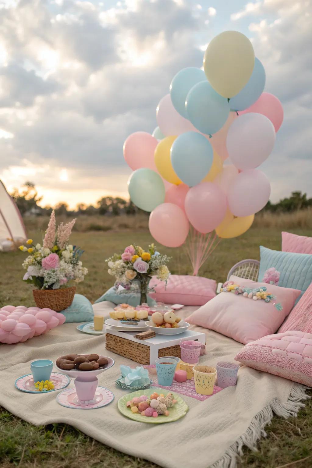 Pastel themed picnic arrangement outdoors