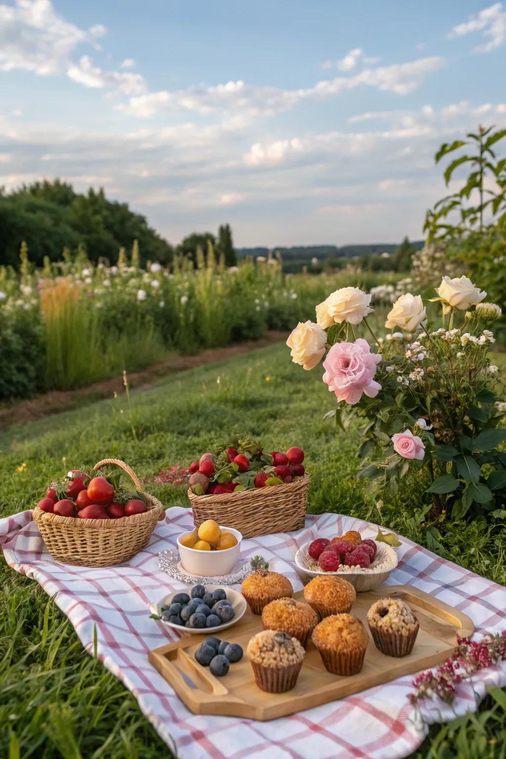 Morning picnic brunch with pastries and fruit