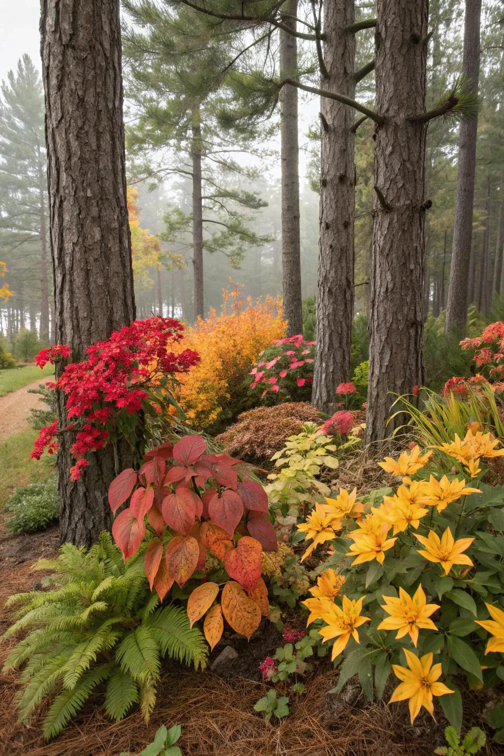 Seasonal blooms brighten pine gardens.