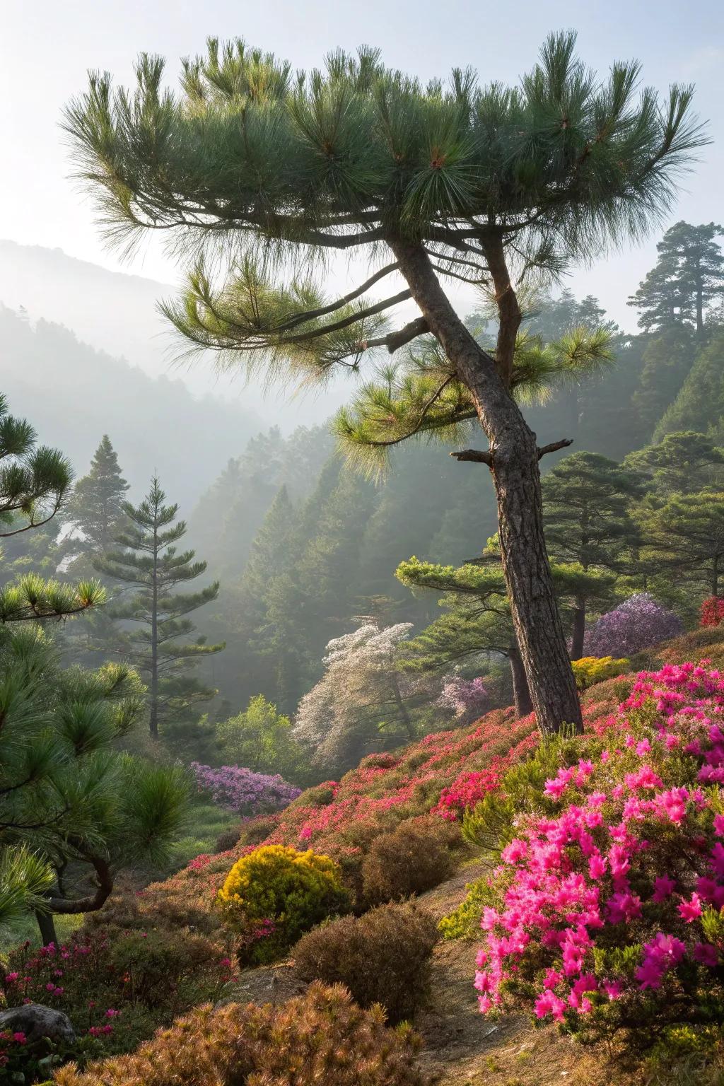 Azaleas and rhododendrons growing near pines.