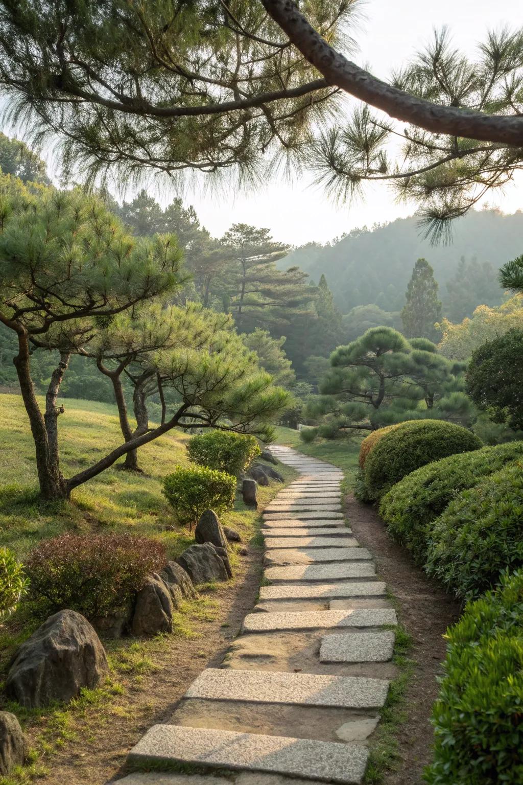Pathway weaving through pine trees.