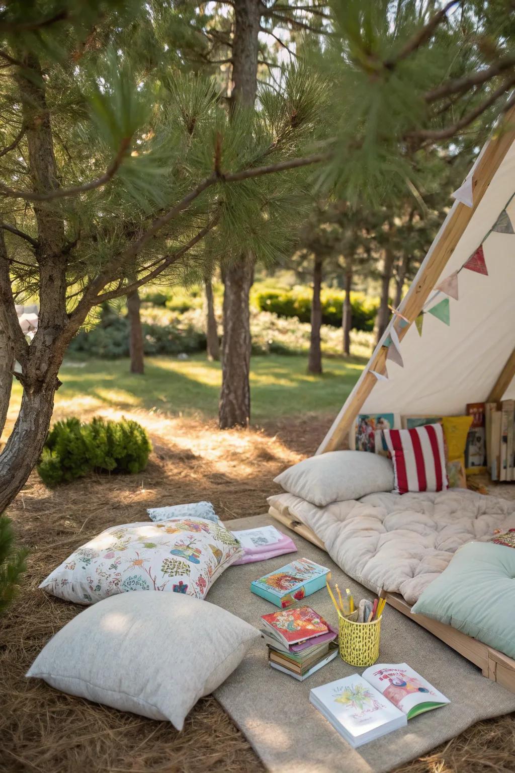 Children’s play area under pine trees.