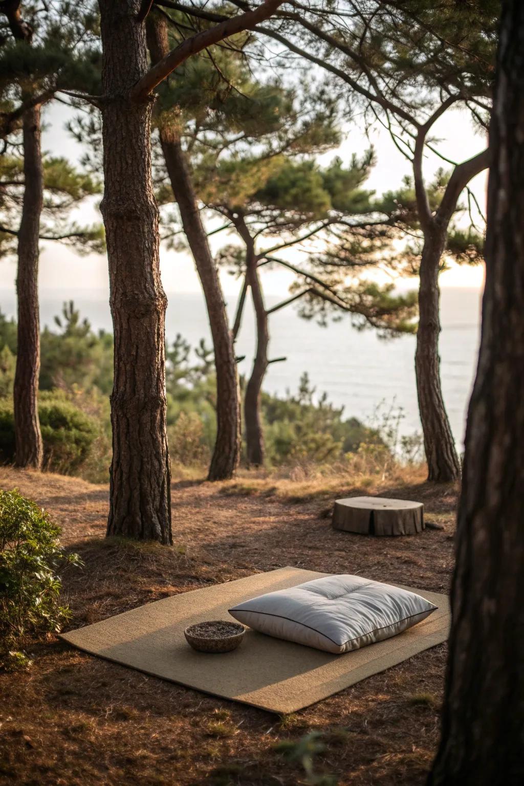 Meditation spot under pine trees.