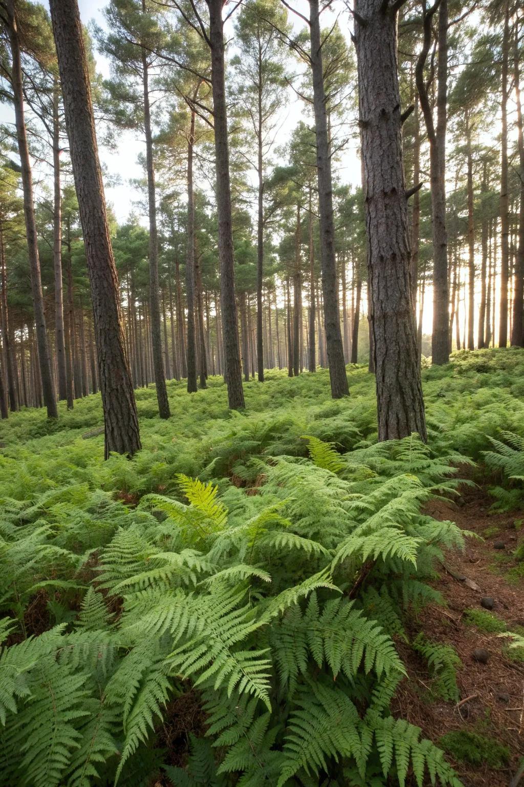 Ferns add delicate texture under pine trees.