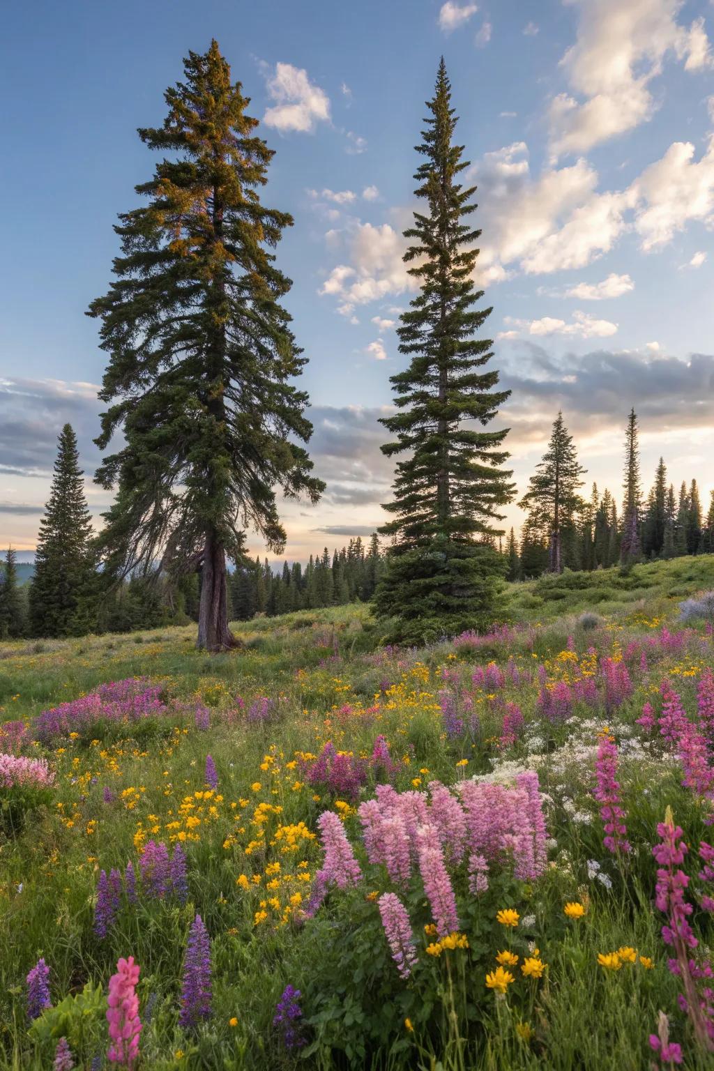 Colorful wildflowers growing near pine trees.