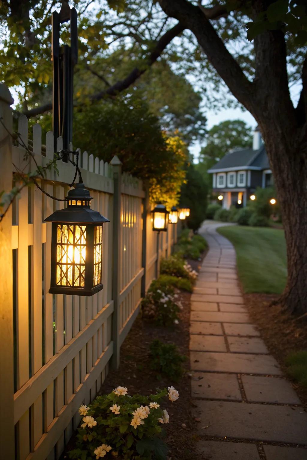 Create warmth with charming lanterns hanging on your fence.