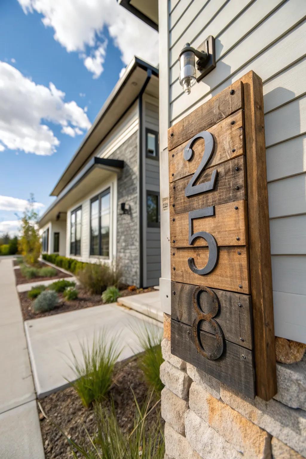 Upcycled address signs offer an eco-friendly, unique look.