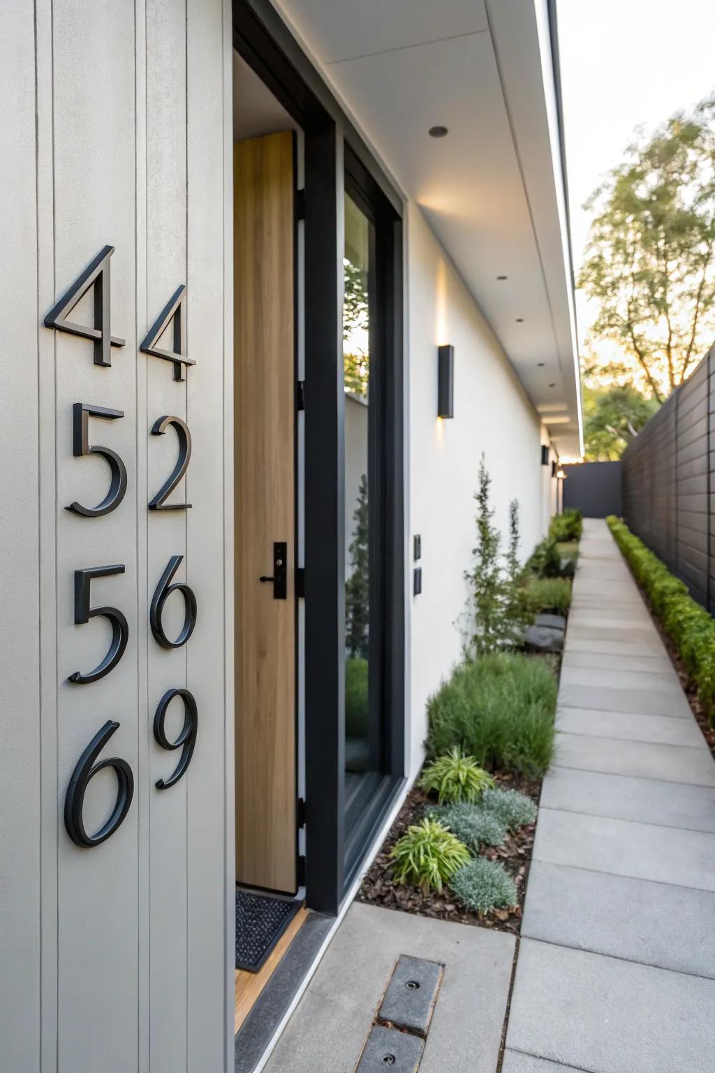 Vertical house numbers create a striking visual appeal.