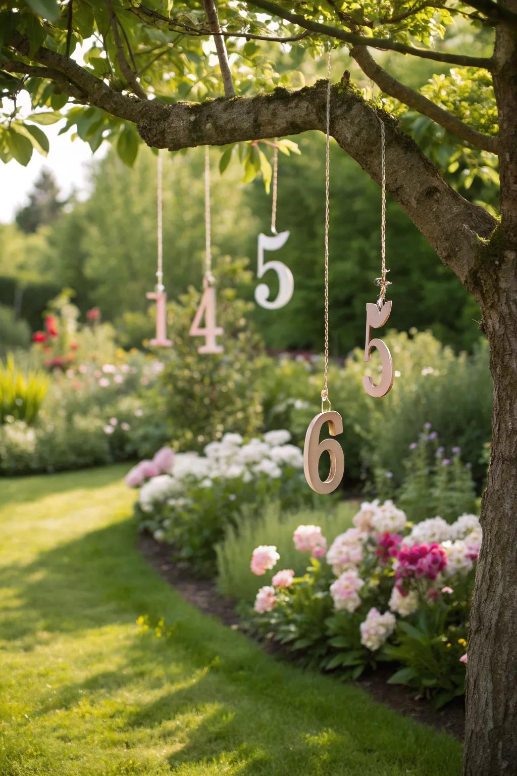 Tree branch hangings offer a whimsical touch to house numbers.