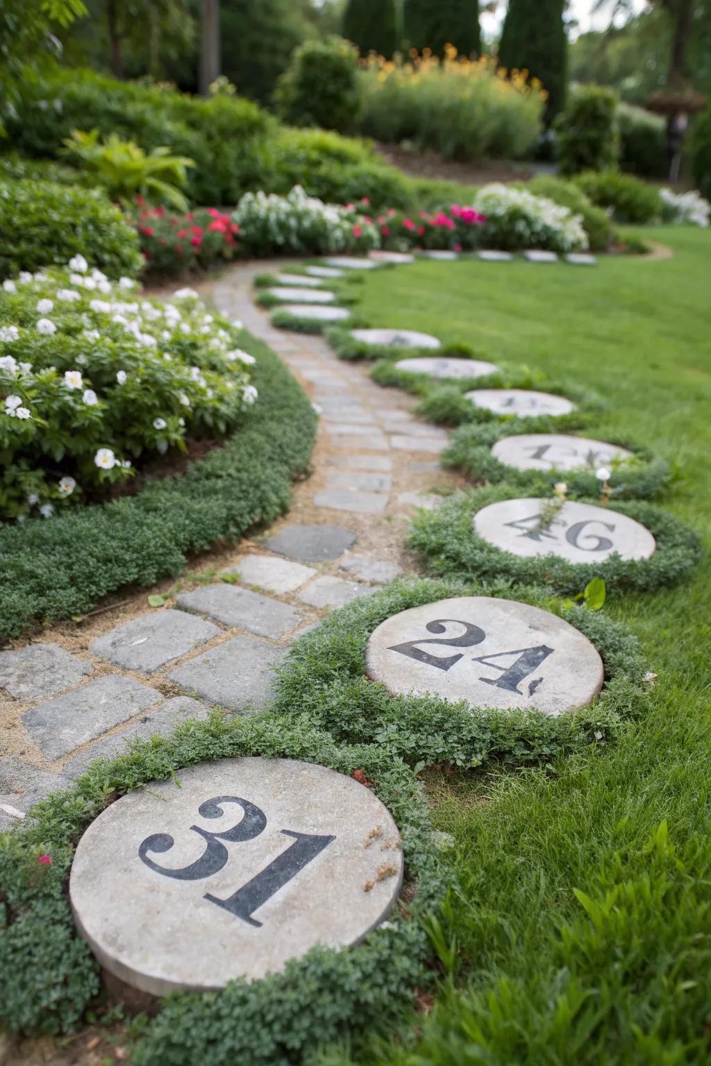 Stepping stones with numbers add a whimsical touch to pathways.